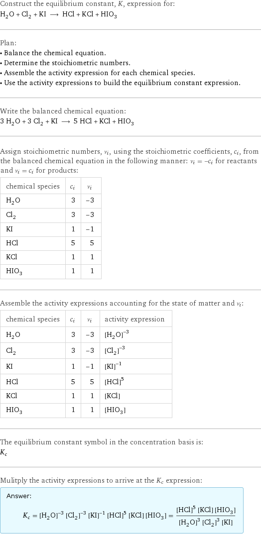 Construct the equilibrium constant, K, expression for: H_2O + Cl_2 + KI ⟶ HCl + KCl + HIO_3 Plan: • Balance the chemical equation. • Determine the stoichiometric numbers. • Assemble the activity expression for each chemical species. • Use the activity expressions to build the equilibrium constant expression. Write the balanced chemical equation: 3 H_2O + 3 Cl_2 + KI ⟶ 5 HCl + KCl + HIO_3 Assign stoichiometric numbers, ν_i, using the stoichiometric coefficients, c_i, from the balanced chemical equation in the following manner: ν_i = -c_i for reactants and ν_i = c_i for products: chemical species | c_i | ν_i H_2O | 3 | -3 Cl_2 | 3 | -3 KI | 1 | -1 HCl | 5 | 5 KCl | 1 | 1 HIO_3 | 1 | 1 Assemble the activity expressions accounting for the state of matter and ν_i: chemical species | c_i | ν_i | activity expression H_2O | 3 | -3 | ([H2O])^(-3) Cl_2 | 3 | -3 | ([Cl2])^(-3) KI | 1 | -1 | ([KI])^(-1) HCl | 5 | 5 | ([HCl])^5 KCl | 1 | 1 | [KCl] HIO_3 | 1 | 1 | [HIO3] The equilibrium constant symbol in the concentration basis is: K_c Mulitply the activity expressions to arrive at the K_c expression: Answer: |   | K_c = ([H2O])^(-3) ([Cl2])^(-3) ([KI])^(-1) ([HCl])^5 [KCl] [HIO3] = (([HCl])^5 [KCl] [HIO3])/(([H2O])^3 ([Cl2])^3 [KI])