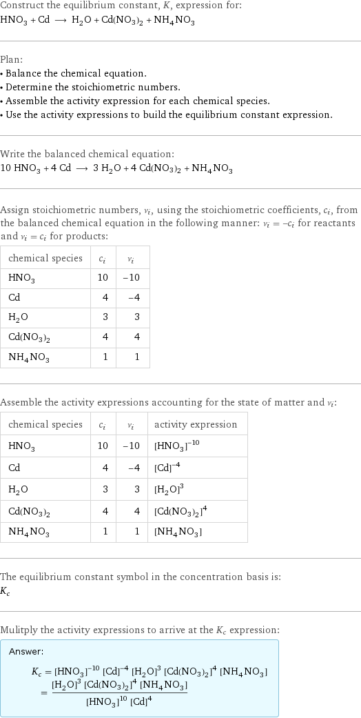 Construct the equilibrium constant, K, expression for: HNO_3 + Cd ⟶ H_2O + Cd(NO3)2 + NH_4NO_3 Plan: • Balance the chemical equation. • Determine the stoichiometric numbers. • Assemble the activity expression for each chemical species. • Use the activity expressions to build the equilibrium constant expression. Write the balanced chemical equation: 10 HNO_3 + 4 Cd ⟶ 3 H_2O + 4 Cd(NO3)2 + NH_4NO_3 Assign stoichiometric numbers, ν_i, using the stoichiometric coefficients, c_i, from the balanced chemical equation in the following manner: ν_i = -c_i for reactants and ν_i = c_i for products: chemical species | c_i | ν_i HNO_3 | 10 | -10 Cd | 4 | -4 H_2O | 3 | 3 Cd(NO3)2 | 4 | 4 NH_4NO_3 | 1 | 1 Assemble the activity expressions accounting for the state of matter and ν_i: chemical species | c_i | ν_i | activity expression HNO_3 | 10 | -10 | ([HNO3])^(-10) Cd | 4 | -4 | ([Cd])^(-4) H_2O | 3 | 3 | ([H2O])^3 Cd(NO3)2 | 4 | 4 | ([Cd(NO3)2])^4 NH_4NO_3 | 1 | 1 | [NH4NO3] The equilibrium constant symbol in the concentration basis is: K_c Mulitply the activity expressions to arrive at the K_c expression: Answer: |   | K_c = ([HNO3])^(-10) ([Cd])^(-4) ([H2O])^3 ([Cd(NO3)2])^4 [NH4NO3] = (([H2O])^3 ([Cd(NO3)2])^4 [NH4NO3])/(([HNO3])^10 ([Cd])^4)