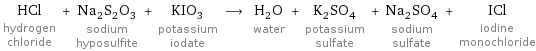 HCl hydrogen chloride + Na_2S_2O_3 sodium hyposulfite + KIO_3 potassium iodate ⟶ H_2O water + K_2SO_4 potassium sulfate + Na_2SO_4 sodium sulfate + ICl iodine monochloride