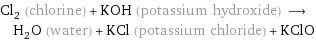 Cl_2 (chlorine) + KOH (potassium hydroxide) ⟶ H_2O (water) + KCl (potassium chloride) + KClO