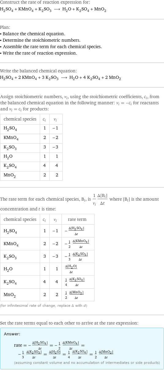 Construct the rate of reaction expression for: H_2SO_4 + KMnO_4 + K_2SO_3 ⟶ H_2O + K_2SO_4 + MnO_2 Plan: • Balance the chemical equation. • Determine the stoichiometric numbers. • Assemble the rate term for each chemical species. • Write the rate of reaction expression. Write the balanced chemical equation: H_2SO_4 + 2 KMnO_4 + 3 K_2SO_3 ⟶ H_2O + 4 K_2SO_4 + 2 MnO_2 Assign stoichiometric numbers, ν_i, using the stoichiometric coefficients, c_i, from the balanced chemical equation in the following manner: ν_i = -c_i for reactants and ν_i = c_i for products: chemical species | c_i | ν_i H_2SO_4 | 1 | -1 KMnO_4 | 2 | -2 K_2SO_3 | 3 | -3 H_2O | 1 | 1 K_2SO_4 | 4 | 4 MnO_2 | 2 | 2 The rate term for each chemical species, B_i, is 1/ν_i(Δ[B_i])/(Δt) where [B_i] is the amount concentration and t is time: chemical species | c_i | ν_i | rate term H_2SO_4 | 1 | -1 | -(Δ[H2SO4])/(Δt) KMnO_4 | 2 | -2 | -1/2 (Δ[KMnO4])/(Δt) K_2SO_3 | 3 | -3 | -1/3 (Δ[K2SO3])/(Δt) H_2O | 1 | 1 | (Δ[H2O])/(Δt) K_2SO_4 | 4 | 4 | 1/4 (Δ[K2SO4])/(Δt) MnO_2 | 2 | 2 | 1/2 (Δ[MnO2])/(Δt) (for infinitesimal rate of change, replace Δ with d) Set the rate terms equal to each other to arrive at the rate expression: Answer: |   | rate = -(Δ[H2SO4])/(Δt) = -1/2 (Δ[KMnO4])/(Δt) = -1/3 (Δ[K2SO3])/(Δt) = (Δ[H2O])/(Δt) = 1/4 (Δ[K2SO4])/(Δt) = 1/2 (Δ[MnO2])/(Δt) (assuming constant volume and no accumulation of intermediates or side products)