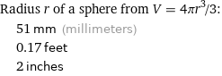 Radius r of a sphere from V = 4πr^3/3:  | 51 mm (millimeters)  | 0.17 feet  | 2 inches