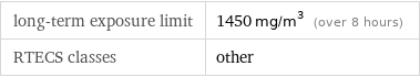 long-term exposure limit | 1450 mg/m^3 (over 8 hours) RTECS classes | other