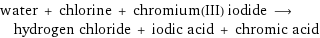 water + chlorine + chromium(III) iodide ⟶ hydrogen chloride + iodic acid + chromic acid