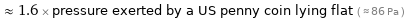  ≈ 1.6 × pressure exerted by a US penny coin lying flat ( ≈ 86 Pa )