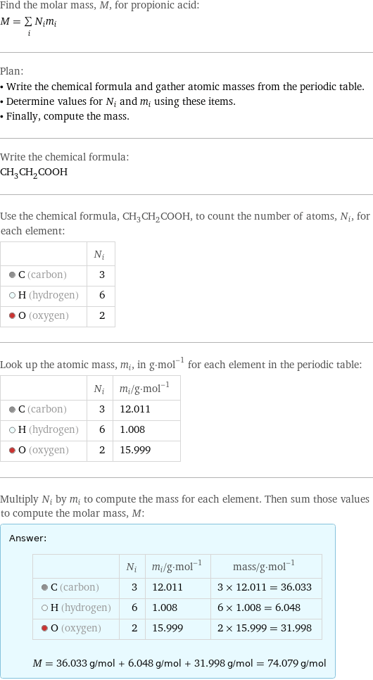 Find the molar mass, M, for propionic acid: M = sum _iN_im_i Plan: • Write the chemical formula and gather atomic masses from the periodic table. • Determine values for N_i and m_i using these items. • Finally, compute the mass. Write the chemical formula: CH_3CH_2COOH Use the chemical formula, CH_3CH_2COOH, to count the number of atoms, N_i, for each element:  | N_i  C (carbon) | 3  H (hydrogen) | 6  O (oxygen) | 2 Look up the atomic mass, m_i, in g·mol^(-1) for each element in the periodic table:  | N_i | m_i/g·mol^(-1)  C (carbon) | 3 | 12.011  H (hydrogen) | 6 | 1.008  O (oxygen) | 2 | 15.999 Multiply N_i by m_i to compute the mass for each element. Then sum those values to compute the molar mass, M: Answer: |   | | N_i | m_i/g·mol^(-1) | mass/g·mol^(-1)  C (carbon) | 3 | 12.011 | 3 × 12.011 = 36.033  H (hydrogen) | 6 | 1.008 | 6 × 1.008 = 6.048  O (oxygen) | 2 | 15.999 | 2 × 15.999 = 31.998  M = 36.033 g/mol + 6.048 g/mol + 31.998 g/mol = 74.079 g/mol