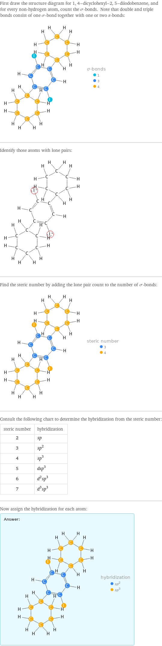First draw the structure diagram for 1, 4-dicyclohexyl-2, 5-diiodobenzene, and for every non-hydrogen atom, count the σ-bonds. Note that double and triple bonds consist of one σ-bond together with one or two π-bonds:  Identify those atoms with lone pairs:  Find the steric number by adding the lone pair count to the number of σ-bonds:  Consult the following chart to determine the hybridization from the steric number: steric number | hybridization 2 | sp 3 | sp^2 4 | sp^3 5 | dsp^3 6 | d^2sp^3 7 | d^3sp^3 Now assign the hybridization for each atom: Answer: |   | 