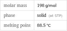 molar mass | 198 g/mol phase | solid (at STP) melting point | 88.5 °C