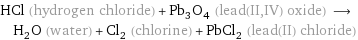 HCl (hydrogen chloride) + Pb_3O_4 (lead(II, IV) oxide) ⟶ H_2O (water) + Cl_2 (chlorine) + PbCl_2 (lead(II) chloride)