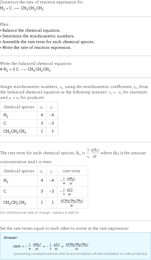 Construct the rate of reaction expression for: H_2 + C ⟶ CH_3CH_2CH_3 Plan: • Balance the chemical equation. • Determine the stoichiometric numbers. • Assemble the rate term for each chemical species. • Write the rate of reaction expression. Write the balanced chemical equation: 4 H_2 + 3 C ⟶ CH_3CH_2CH_3 Assign stoichiometric numbers, ν_i, using the stoichiometric coefficients, c_i, from the balanced chemical equation in the following manner: ν_i = -c_i for reactants and ν_i = c_i for products: chemical species | c_i | ν_i H_2 | 4 | -4 C | 3 | -3 CH_3CH_2CH_3 | 1 | 1 The rate term for each chemical species, B_i, is 1/ν_i(Δ[B_i])/(Δt) where [B_i] is the amount concentration and t is time: chemical species | c_i | ν_i | rate term H_2 | 4 | -4 | -1/4 (Δ[H2])/(Δt) C | 3 | -3 | -1/3 (Δ[C])/(Δt) CH_3CH_2CH_3 | 1 | 1 | (Δ[CH3CH2CH3])/(Δt) (for infinitesimal rate of change, replace Δ with d) Set the rate terms equal to each other to arrive at the rate expression: Answer: |   | rate = -1/4 (Δ[H2])/(Δt) = -1/3 (Δ[C])/(Δt) = (Δ[CH3CH2CH3])/(Δt) (assuming constant volume and no accumulation of intermediates or side products)