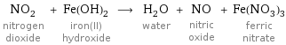 NO_2 nitrogen dioxide + Fe(OH)_2 iron(II) hydroxide ⟶ H_2O water + NO nitric oxide + Fe(NO_3)_3 ferric nitrate