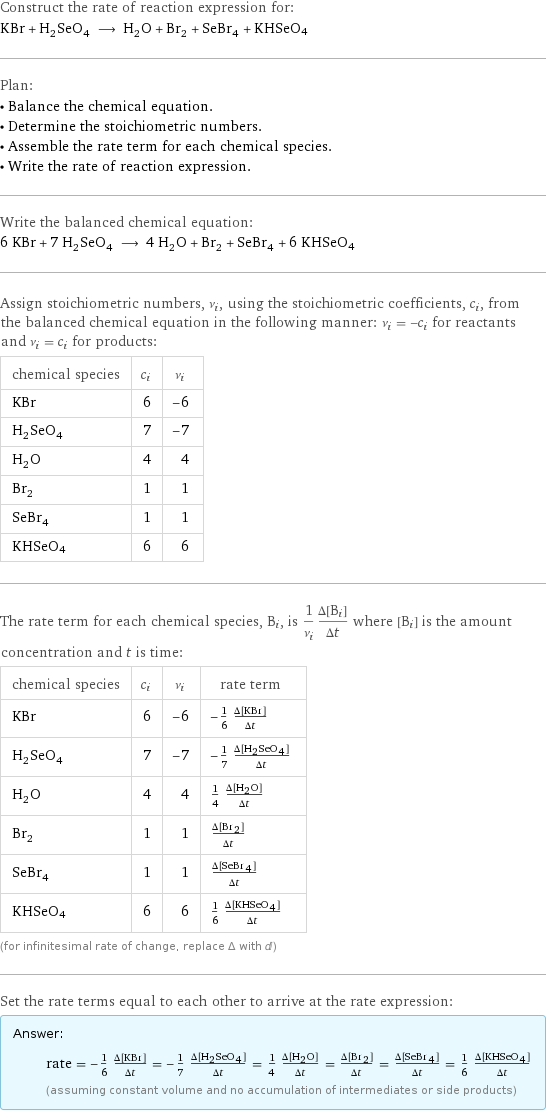 Construct the rate of reaction expression for: KBr + H_2SeO_4 ⟶ H_2O + Br_2 + SeBr_4 + KHSeO4 Plan: • Balance the chemical equation. • Determine the stoichiometric numbers. • Assemble the rate term for each chemical species. • Write the rate of reaction expression. Write the balanced chemical equation: 6 KBr + 7 H_2SeO_4 ⟶ 4 H_2O + Br_2 + SeBr_4 + 6 KHSeO4 Assign stoichiometric numbers, ν_i, using the stoichiometric coefficients, c_i, from the balanced chemical equation in the following manner: ν_i = -c_i for reactants and ν_i = c_i for products: chemical species | c_i | ν_i KBr | 6 | -6 H_2SeO_4 | 7 | -7 H_2O | 4 | 4 Br_2 | 1 | 1 SeBr_4 | 1 | 1 KHSeO4 | 6 | 6 The rate term for each chemical species, B_i, is 1/ν_i(Δ[B_i])/(Δt) where [B_i] is the amount concentration and t is time: chemical species | c_i | ν_i | rate term KBr | 6 | -6 | -1/6 (Δ[KBr])/(Δt) H_2SeO_4 | 7 | -7 | -1/7 (Δ[H2SeO4])/(Δt) H_2O | 4 | 4 | 1/4 (Δ[H2O])/(Δt) Br_2 | 1 | 1 | (Δ[Br2])/(Δt) SeBr_4 | 1 | 1 | (Δ[SeBr4])/(Δt) KHSeO4 | 6 | 6 | 1/6 (Δ[KHSeO4])/(Δt) (for infinitesimal rate of change, replace Δ with d) Set the rate terms equal to each other to arrive at the rate expression: Answer: |   | rate = -1/6 (Δ[KBr])/(Δt) = -1/7 (Δ[H2SeO4])/(Δt) = 1/4 (Δ[H2O])/(Δt) = (Δ[Br2])/(Δt) = (Δ[SeBr4])/(Δt) = 1/6 (Δ[KHSeO4])/(Δt) (assuming constant volume and no accumulation of intermediates or side products)