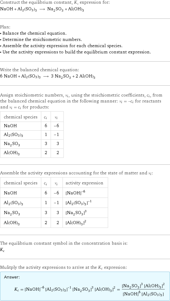 Construct the equilibrium constant, K, expression for: NaOH + Al2(SO3)3 ⟶ Na_2SO_3 + Al(OH)_3 Plan: • Balance the chemical equation. • Determine the stoichiometric numbers. • Assemble the activity expression for each chemical species. • Use the activity expressions to build the equilibrium constant expression. Write the balanced chemical equation: 6 NaOH + Al2(SO3)3 ⟶ 3 Na_2SO_3 + 2 Al(OH)_3 Assign stoichiometric numbers, ν_i, using the stoichiometric coefficients, c_i, from the balanced chemical equation in the following manner: ν_i = -c_i for reactants and ν_i = c_i for products: chemical species | c_i | ν_i NaOH | 6 | -6 Al2(SO3)3 | 1 | -1 Na_2SO_3 | 3 | 3 Al(OH)_3 | 2 | 2 Assemble the activity expressions accounting for the state of matter and ν_i: chemical species | c_i | ν_i | activity expression NaOH | 6 | -6 | ([NaOH])^(-6) Al2(SO3)3 | 1 | -1 | ([Al2(SO3)3])^(-1) Na_2SO_3 | 3 | 3 | ([Na2SO3])^3 Al(OH)_3 | 2 | 2 | ([Al(OH)3])^2 The equilibrium constant symbol in the concentration basis is: K_c Mulitply the activity expressions to arrive at the K_c expression: Answer: |   | K_c = ([NaOH])^(-6) ([Al2(SO3)3])^(-1) ([Na2SO3])^3 ([Al(OH)3])^2 = (([Na2SO3])^3 ([Al(OH)3])^2)/(([NaOH])^6 [Al2(SO3)3])