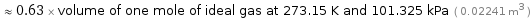  ≈ 0.63 × volume of one mole of ideal gas at 273.15 K and 101.325 kPa ( 0.02241 m^3 )