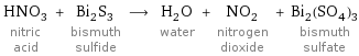 HNO_3 nitric acid + Bi_2S_3 bismuth sulfide ⟶ H_2O water + NO_2 nitrogen dioxide + Bi_2(SO_4)_3 bismuth sulfate