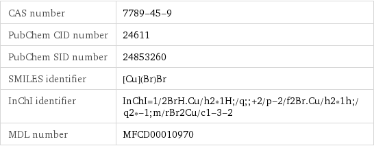 CAS number | 7789-45-9 PubChem CID number | 24611 PubChem SID number | 24853260 SMILES identifier | [Cu](Br)Br InChI identifier | InChI=1/2BrH.Cu/h2*1H;/q;;+2/p-2/f2Br.Cu/h2*1h;/q2*-1;m/rBr2Cu/c1-3-2 MDL number | MFCD00010970