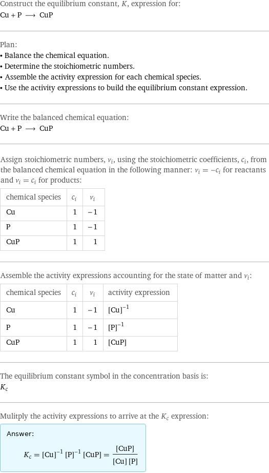 Construct the equilibrium constant, K, expression for: Cu + P ⟶ CuP Plan: • Balance the chemical equation. • Determine the stoichiometric numbers. • Assemble the activity expression for each chemical species. • Use the activity expressions to build the equilibrium constant expression. Write the balanced chemical equation: Cu + P ⟶ CuP Assign stoichiometric numbers, ν_i, using the stoichiometric coefficients, c_i, from the balanced chemical equation in the following manner: ν_i = -c_i for reactants and ν_i = c_i for products: chemical species | c_i | ν_i Cu | 1 | -1 P | 1 | -1 CuP | 1 | 1 Assemble the activity expressions accounting for the state of matter and ν_i: chemical species | c_i | ν_i | activity expression Cu | 1 | -1 | ([Cu])^(-1) P | 1 | -1 | ([P])^(-1) CuP | 1 | 1 | [CuP] The equilibrium constant symbol in the concentration basis is: K_c Mulitply the activity expressions to arrive at the K_c expression: Answer: |   | K_c = ([Cu])^(-1) ([P])^(-1) [CuP] = ([CuP])/([Cu] [P])