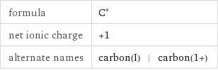 formula | C^+ net ionic charge | +1 alternate names | carbon(I) | carbon(1+)