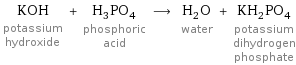 KOH potassium hydroxide + H_3PO_4 phosphoric acid ⟶ H_2O water + KH_2PO_4 potassium dihydrogen phosphate