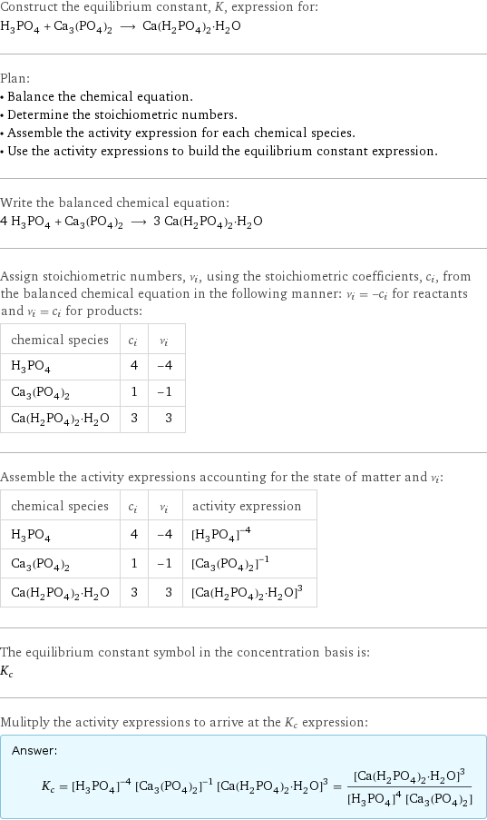 Construct the equilibrium constant, K, expression for: H_3PO_4 + Ca_3(PO_4)_2 ⟶ Ca(H_2PO_4)_2·H_2O Plan: • Balance the chemical equation. • Determine the stoichiometric numbers. • Assemble the activity expression for each chemical species. • Use the activity expressions to build the equilibrium constant expression. Write the balanced chemical equation: 4 H_3PO_4 + Ca_3(PO_4)_2 ⟶ 3 Ca(H_2PO_4)_2·H_2O Assign stoichiometric numbers, ν_i, using the stoichiometric coefficients, c_i, from the balanced chemical equation in the following manner: ν_i = -c_i for reactants and ν_i = c_i for products: chemical species | c_i | ν_i H_3PO_4 | 4 | -4 Ca_3(PO_4)_2 | 1 | -1 Ca(H_2PO_4)_2·H_2O | 3 | 3 Assemble the activity expressions accounting for the state of matter and ν_i: chemical species | c_i | ν_i | activity expression H_3PO_4 | 4 | -4 | ([H3PO4])^(-4) Ca_3(PO_4)_2 | 1 | -1 | ([Ca3(PO4)2])^(-1) Ca(H_2PO_4)_2·H_2O | 3 | 3 | ([Ca(H2PO4)2·H2O])^3 The equilibrium constant symbol in the concentration basis is: K_c Mulitply the activity expressions to arrive at the K_c expression: Answer: |   | K_c = ([H3PO4])^(-4) ([Ca3(PO4)2])^(-1) ([Ca(H2PO4)2·H2O])^3 = ([Ca(H2PO4)2·H2O])^3/(([H3PO4])^4 [Ca3(PO4)2])