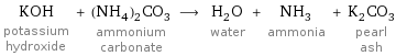 KOH potassium hydroxide + (NH_4)_2CO_3 ammonium carbonate ⟶ H_2O water + NH_3 ammonia + K_2CO_3 pearl ash