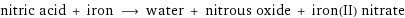 nitric acid + iron ⟶ water + nitrous oxide + iron(II) nitrate