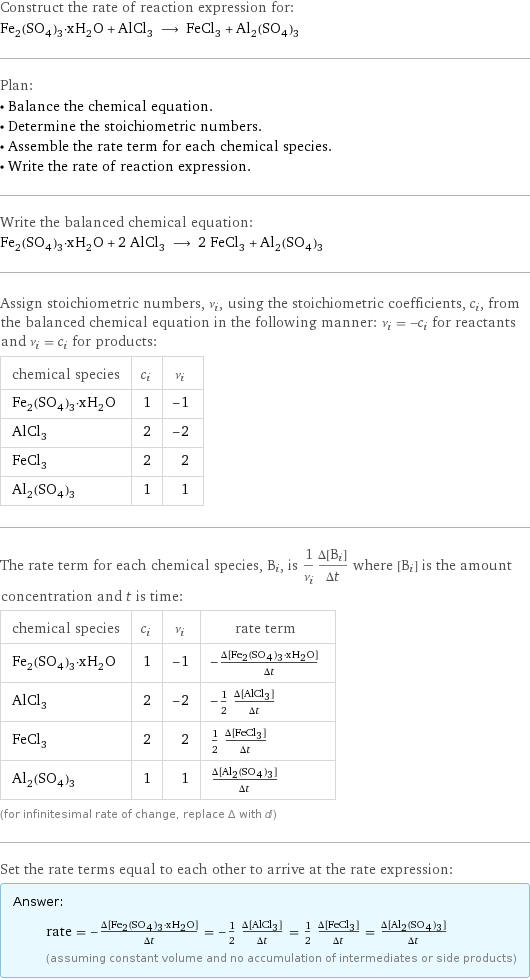 Construct the rate of reaction expression for: Fe_2(SO_4)_3·xH_2O + AlCl_3 ⟶ FeCl_3 + Al_2(SO_4)_3 Plan: • Balance the chemical equation. • Determine the stoichiometric numbers. • Assemble the rate term for each chemical species. • Write the rate of reaction expression. Write the balanced chemical equation: Fe_2(SO_4)_3·xH_2O + 2 AlCl_3 ⟶ 2 FeCl_3 + Al_2(SO_4)_3 Assign stoichiometric numbers, ν_i, using the stoichiometric coefficients, c_i, from the balanced chemical equation in the following manner: ν_i = -c_i for reactants and ν_i = c_i for products: chemical species | c_i | ν_i Fe_2(SO_4)_3·xH_2O | 1 | -1 AlCl_3 | 2 | -2 FeCl_3 | 2 | 2 Al_2(SO_4)_3 | 1 | 1 The rate term for each chemical species, B_i, is 1/ν_i(Δ[B_i])/(Δt) where [B_i] is the amount concentration and t is time: chemical species | c_i | ν_i | rate term Fe_2(SO_4)_3·xH_2O | 1 | -1 | -(Δ[Fe2(SO4)3·xH2O])/(Δt) AlCl_3 | 2 | -2 | -1/2 (Δ[AlCl3])/(Δt) FeCl_3 | 2 | 2 | 1/2 (Δ[FeCl3])/(Δt) Al_2(SO_4)_3 | 1 | 1 | (Δ[Al2(SO4)3])/(Δt) (for infinitesimal rate of change, replace Δ with d) Set the rate terms equal to each other to arrive at the rate expression: Answer: |   | rate = -(Δ[Fe2(SO4)3·xH2O])/(Δt) = -1/2 (Δ[AlCl3])/(Δt) = 1/2 (Δ[FeCl3])/(Δt) = (Δ[Al2(SO4)3])/(Δt) (assuming constant volume and no accumulation of intermediates or side products)