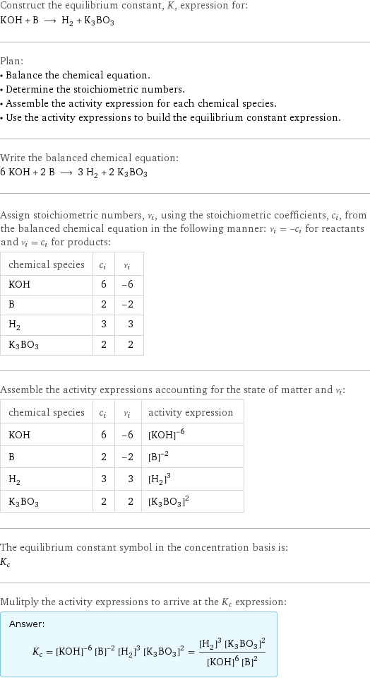 Construct the equilibrium constant, K, expression for: KOH + B ⟶ H_2 + K3BO3 Plan: • Balance the chemical equation. • Determine the stoichiometric numbers. • Assemble the activity expression for each chemical species. • Use the activity expressions to build the equilibrium constant expression. Write the balanced chemical equation: 6 KOH + 2 B ⟶ 3 H_2 + 2 K3BO3 Assign stoichiometric numbers, ν_i, using the stoichiometric coefficients, c_i, from the balanced chemical equation in the following manner: ν_i = -c_i for reactants and ν_i = c_i for products: chemical species | c_i | ν_i KOH | 6 | -6 B | 2 | -2 H_2 | 3 | 3 K3BO3 | 2 | 2 Assemble the activity expressions accounting for the state of matter and ν_i: chemical species | c_i | ν_i | activity expression KOH | 6 | -6 | ([KOH])^(-6) B | 2 | -2 | ([B])^(-2) H_2 | 3 | 3 | ([H2])^3 K3BO3 | 2 | 2 | ([K3BO3])^2 The equilibrium constant symbol in the concentration basis is: K_c Mulitply the activity expressions to arrive at the K_c expression: Answer: |   | K_c = ([KOH])^(-6) ([B])^(-2) ([H2])^3 ([K3BO3])^2 = (([H2])^3 ([K3BO3])^2)/(([KOH])^6 ([B])^2)