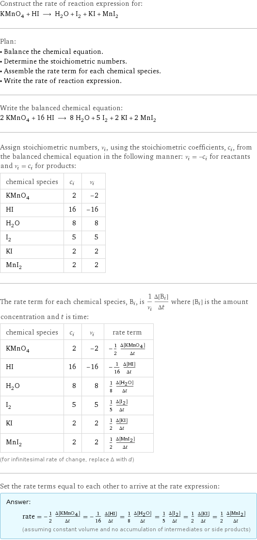 Construct the rate of reaction expression for: KMnO_4 + HI ⟶ H_2O + I_2 + KI + MnI_2 Plan: • Balance the chemical equation. • Determine the stoichiometric numbers. • Assemble the rate term for each chemical species. • Write the rate of reaction expression. Write the balanced chemical equation: 2 KMnO_4 + 16 HI ⟶ 8 H_2O + 5 I_2 + 2 KI + 2 MnI_2 Assign stoichiometric numbers, ν_i, using the stoichiometric coefficients, c_i, from the balanced chemical equation in the following manner: ν_i = -c_i for reactants and ν_i = c_i for products: chemical species | c_i | ν_i KMnO_4 | 2 | -2 HI | 16 | -16 H_2O | 8 | 8 I_2 | 5 | 5 KI | 2 | 2 MnI_2 | 2 | 2 The rate term for each chemical species, B_i, is 1/ν_i(Δ[B_i])/(Δt) where [B_i] is the amount concentration and t is time: chemical species | c_i | ν_i | rate term KMnO_4 | 2 | -2 | -1/2 (Δ[KMnO4])/(Δt) HI | 16 | -16 | -1/16 (Δ[HI])/(Δt) H_2O | 8 | 8 | 1/8 (Δ[H2O])/(Δt) I_2 | 5 | 5 | 1/5 (Δ[I2])/(Δt) KI | 2 | 2 | 1/2 (Δ[KI])/(Δt) MnI_2 | 2 | 2 | 1/2 (Δ[MnI2])/(Δt) (for infinitesimal rate of change, replace Δ with d) Set the rate terms equal to each other to arrive at the rate expression: Answer: |   | rate = -1/2 (Δ[KMnO4])/(Δt) = -1/16 (Δ[HI])/(Δt) = 1/8 (Δ[H2O])/(Δt) = 1/5 (Δ[I2])/(Δt) = 1/2 (Δ[KI])/(Δt) = 1/2 (Δ[MnI2])/(Δt) (assuming constant volume and no accumulation of intermediates or side products)