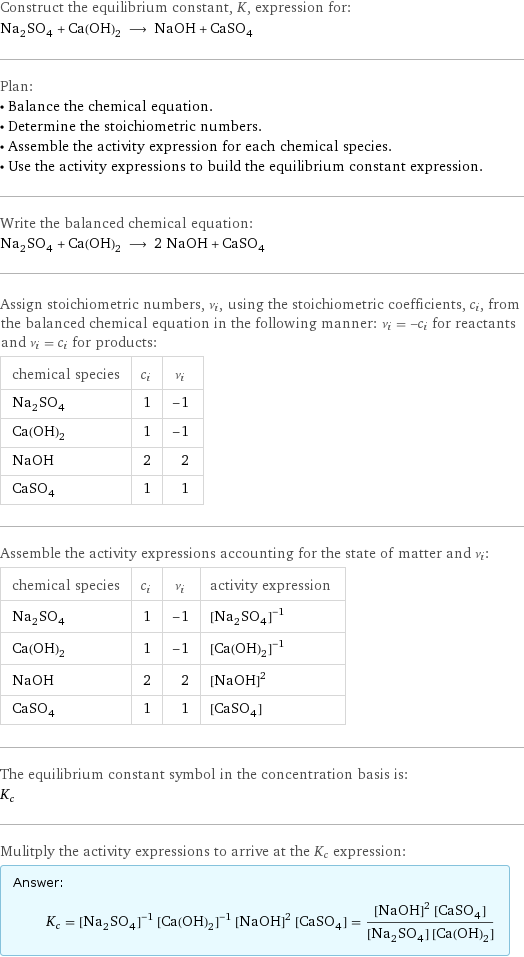 Construct the equilibrium constant, K, expression for: Na_2SO_4 + Ca(OH)_2 ⟶ NaOH + CaSO_4 Plan: • Balance the chemical equation. • Determine the stoichiometric numbers. • Assemble the activity expression for each chemical species. • Use the activity expressions to build the equilibrium constant expression. Write the balanced chemical equation: Na_2SO_4 + Ca(OH)_2 ⟶ 2 NaOH + CaSO_4 Assign stoichiometric numbers, ν_i, using the stoichiometric coefficients, c_i, from the balanced chemical equation in the following manner: ν_i = -c_i for reactants and ν_i = c_i for products: chemical species | c_i | ν_i Na_2SO_4 | 1 | -1 Ca(OH)_2 | 1 | -1 NaOH | 2 | 2 CaSO_4 | 1 | 1 Assemble the activity expressions accounting for the state of matter and ν_i: chemical species | c_i | ν_i | activity expression Na_2SO_4 | 1 | -1 | ([Na2SO4])^(-1) Ca(OH)_2 | 1 | -1 | ([Ca(OH)2])^(-1) NaOH | 2 | 2 | ([NaOH])^2 CaSO_4 | 1 | 1 | [CaSO4] The equilibrium constant symbol in the concentration basis is: K_c Mulitply the activity expressions to arrive at the K_c expression: Answer: |   | K_c = ([Na2SO4])^(-1) ([Ca(OH)2])^(-1) ([NaOH])^2 [CaSO4] = (([NaOH])^2 [CaSO4])/([Na2SO4] [Ca(OH)2])