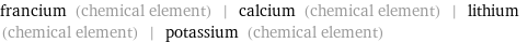 francium (chemical element) | calcium (chemical element) | lithium (chemical element) | potassium (chemical element)
