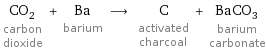 CO_2 carbon dioxide + Ba barium ⟶ C activated charcoal + BaCO_3 barium carbonate