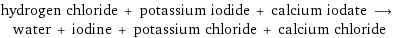 hydrogen chloride + potassium iodide + calcium iodate ⟶ water + iodine + potassium chloride + calcium chloride