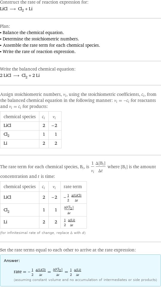 Construct the rate of reaction expression for: LiCl ⟶ Cl_2 + Li Plan: • Balance the chemical equation. • Determine the stoichiometric numbers. • Assemble the rate term for each chemical species. • Write the rate of reaction expression. Write the balanced chemical equation: 2 LiCl ⟶ Cl_2 + 2 Li Assign stoichiometric numbers, ν_i, using the stoichiometric coefficients, c_i, from the balanced chemical equation in the following manner: ν_i = -c_i for reactants and ν_i = c_i for products: chemical species | c_i | ν_i LiCl | 2 | -2 Cl_2 | 1 | 1 Li | 2 | 2 The rate term for each chemical species, B_i, is 1/ν_i(Δ[B_i])/(Δt) where [B_i] is the amount concentration and t is time: chemical species | c_i | ν_i | rate term LiCl | 2 | -2 | -1/2 (Δ[LiCl])/(Δt) Cl_2 | 1 | 1 | (Δ[Cl2])/(Δt) Li | 2 | 2 | 1/2 (Δ[Li])/(Δt) (for infinitesimal rate of change, replace Δ with d) Set the rate terms equal to each other to arrive at the rate expression: Answer: |   | rate = -1/2 (Δ[LiCl])/(Δt) = (Δ[Cl2])/(Δt) = 1/2 (Δ[Li])/(Δt) (assuming constant volume and no accumulation of intermediates or side products)