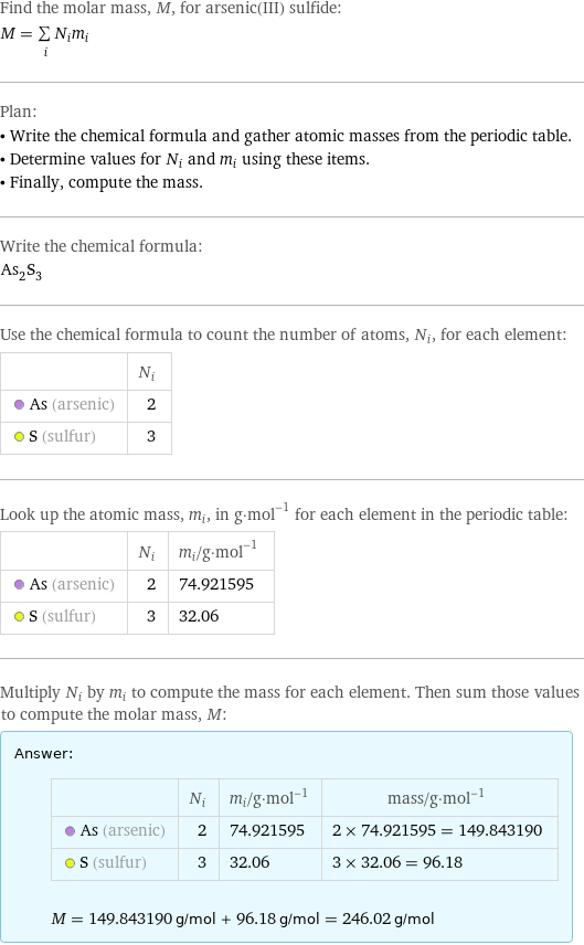 Find the molar mass, M, for arsenic(III) sulfide: M = sum _iN_im_i Plan: • Write the chemical formula and gather atomic masses from the periodic table. • Determine values for N_i and m_i using these items. • Finally, compute the mass. Write the chemical formula: As_2S_3 Use the chemical formula to count the number of atoms, N_i, for each element:  | N_i  As (arsenic) | 2  S (sulfur) | 3 Look up the atomic mass, m_i, in g·mol^(-1) for each element in the periodic table:  | N_i | m_i/g·mol^(-1)  As (arsenic) | 2 | 74.921595  S (sulfur) | 3 | 32.06 Multiply N_i by m_i to compute the mass for each element. Then sum those values to compute the molar mass, M: Answer: |   | | N_i | m_i/g·mol^(-1) | mass/g·mol^(-1)  As (arsenic) | 2 | 74.921595 | 2 × 74.921595 = 149.843190  S (sulfur) | 3 | 32.06 | 3 × 32.06 = 96.18  M = 149.843190 g/mol + 96.18 g/mol = 246.02 g/mol