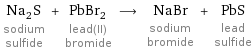 Na_2S sodium sulfide + PbBr_2 lead(II) bromide ⟶ NaBr sodium bromide + PbS lead sulfide