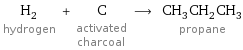 H_2 hydrogen + C activated charcoal ⟶ CH_3CH_2CH_3 propane