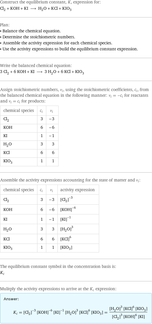 Construct the equilibrium constant, K, expression for: Cl_2 + KOH + KI ⟶ H_2O + KCl + KIO_3 Plan: • Balance the chemical equation. • Determine the stoichiometric numbers. • Assemble the activity expression for each chemical species. • Use the activity expressions to build the equilibrium constant expression. Write the balanced chemical equation: 3 Cl_2 + 6 KOH + KI ⟶ 3 H_2O + 6 KCl + KIO_3 Assign stoichiometric numbers, ν_i, using the stoichiometric coefficients, c_i, from the balanced chemical equation in the following manner: ν_i = -c_i for reactants and ν_i = c_i for products: chemical species | c_i | ν_i Cl_2 | 3 | -3 KOH | 6 | -6 KI | 1 | -1 H_2O | 3 | 3 KCl | 6 | 6 KIO_3 | 1 | 1 Assemble the activity expressions accounting for the state of matter and ν_i: chemical species | c_i | ν_i | activity expression Cl_2 | 3 | -3 | ([Cl2])^(-3) KOH | 6 | -6 | ([KOH])^(-6) KI | 1 | -1 | ([KI])^(-1) H_2O | 3 | 3 | ([H2O])^3 KCl | 6 | 6 | ([KCl])^6 KIO_3 | 1 | 1 | [KIO3] The equilibrium constant symbol in the concentration basis is: K_c Mulitply the activity expressions to arrive at the K_c expression: Answer: |   | K_c = ([Cl2])^(-3) ([KOH])^(-6) ([KI])^(-1) ([H2O])^3 ([KCl])^6 [KIO3] = (([H2O])^3 ([KCl])^6 [KIO3])/(([Cl2])^3 ([KOH])^6 [KI])