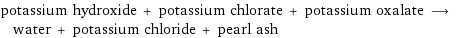 potassium hydroxide + potassium chlorate + potassium oxalate ⟶ water + potassium chloride + pearl ash