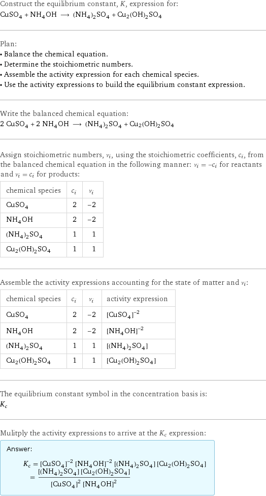 Construct the equilibrium constant, K, expression for: CuSO_4 + NH_4OH ⟶ (NH_4)_2SO_4 + Cu2(OH)2SO4 Plan: • Balance the chemical equation. • Determine the stoichiometric numbers. • Assemble the activity expression for each chemical species. • Use the activity expressions to build the equilibrium constant expression. Write the balanced chemical equation: 2 CuSO_4 + 2 NH_4OH ⟶ (NH_4)_2SO_4 + Cu2(OH)2SO4 Assign stoichiometric numbers, ν_i, using the stoichiometric coefficients, c_i, from the balanced chemical equation in the following manner: ν_i = -c_i for reactants and ν_i = c_i for products: chemical species | c_i | ν_i CuSO_4 | 2 | -2 NH_4OH | 2 | -2 (NH_4)_2SO_4 | 1 | 1 Cu2(OH)2SO4 | 1 | 1 Assemble the activity expressions accounting for the state of matter and ν_i: chemical species | c_i | ν_i | activity expression CuSO_4 | 2 | -2 | ([CuSO4])^(-2) NH_4OH | 2 | -2 | ([NH4OH])^(-2) (NH_4)_2SO_4 | 1 | 1 | [(NH4)2SO4] Cu2(OH)2SO4 | 1 | 1 | [Cu2(OH)2SO4] The equilibrium constant symbol in the concentration basis is: K_c Mulitply the activity expressions to arrive at the K_c expression: Answer: |   | K_c = ([CuSO4])^(-2) ([NH4OH])^(-2) [(NH4)2SO4] [Cu2(OH)2SO4] = ([(NH4)2SO4] [Cu2(OH)2SO4])/(([CuSO4])^2 ([NH4OH])^2)