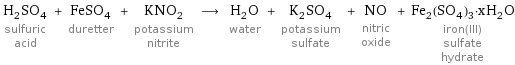 H_2SO_4 sulfuric acid + FeSO_4 duretter + KNO_2 potassium nitrite ⟶ H_2O water + K_2SO_4 potassium sulfate + NO nitric oxide + Fe_2(SO_4)_3·xH_2O iron(III) sulfate hydrate