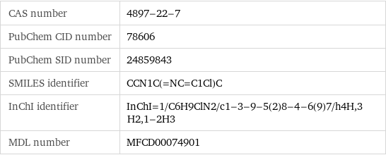 CAS number | 4897-22-7 PubChem CID number | 78606 PubChem SID number | 24859843 SMILES identifier | CCN1C(=NC=C1Cl)C InChI identifier | InChI=1/C6H9ClN2/c1-3-9-5(2)8-4-6(9)7/h4H, 3H2, 1-2H3 MDL number | MFCD00074901