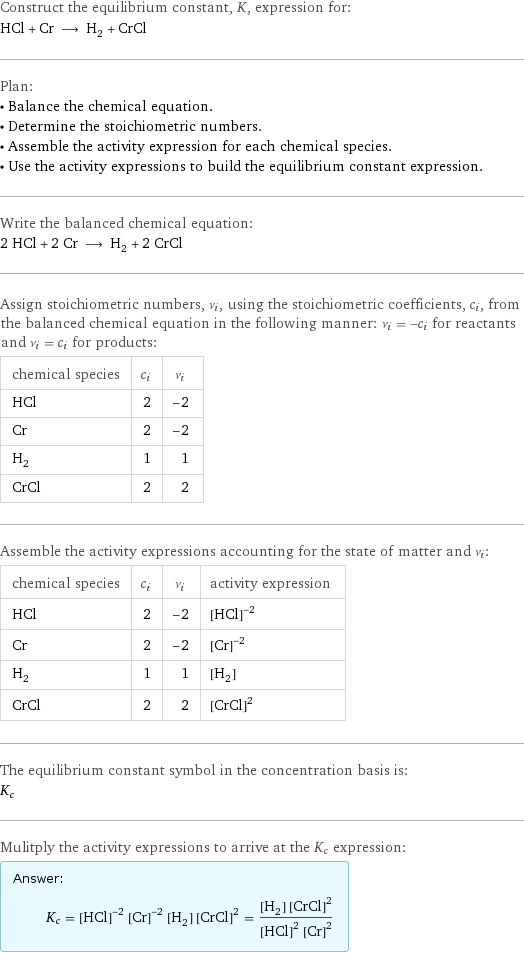 Construct the equilibrium constant, K, expression for: HCl + Cr ⟶ H_2 + CrCl Plan: • Balance the chemical equation. • Determine the stoichiometric numbers. • Assemble the activity expression for each chemical species. • Use the activity expressions to build the equilibrium constant expression. Write the balanced chemical equation: 2 HCl + 2 Cr ⟶ H_2 + 2 CrCl Assign stoichiometric numbers, ν_i, using the stoichiometric coefficients, c_i, from the balanced chemical equation in the following manner: ν_i = -c_i for reactants and ν_i = c_i for products: chemical species | c_i | ν_i HCl | 2 | -2 Cr | 2 | -2 H_2 | 1 | 1 CrCl | 2 | 2 Assemble the activity expressions accounting for the state of matter and ν_i: chemical species | c_i | ν_i | activity expression HCl | 2 | -2 | ([HCl])^(-2) Cr | 2 | -2 | ([Cr])^(-2) H_2 | 1 | 1 | [H2] CrCl | 2 | 2 | ([CrCl])^2 The equilibrium constant symbol in the concentration basis is: K_c Mulitply the activity expressions to arrive at the K_c expression: Answer: |   | K_c = ([HCl])^(-2) ([Cr])^(-2) [H2] ([CrCl])^2 = ([H2] ([CrCl])^2)/(([HCl])^2 ([Cr])^2)