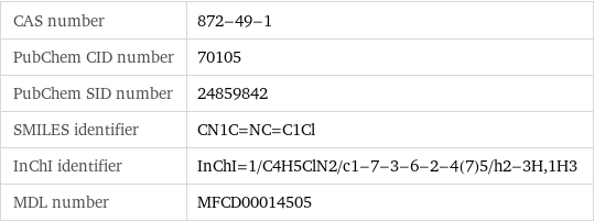 CAS number | 872-49-1 PubChem CID number | 70105 PubChem SID number | 24859842 SMILES identifier | CN1C=NC=C1Cl InChI identifier | InChI=1/C4H5ClN2/c1-7-3-6-2-4(7)5/h2-3H, 1H3 MDL number | MFCD00014505