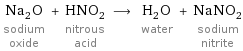 Na_2O sodium oxide + HNO_2 nitrous acid ⟶ H_2O water + NaNO_2 sodium nitrite