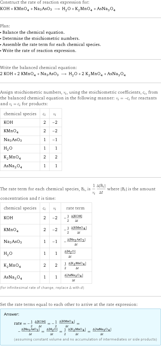 Construct the rate of reaction expression for: KOH + KMnO_4 + Na3AsO3 ⟶ H_2O + K_2MnO_4 + AsNa_3O_4 Plan: • Balance the chemical equation. • Determine the stoichiometric numbers. • Assemble the rate term for each chemical species. • Write the rate of reaction expression. Write the balanced chemical equation: 2 KOH + 2 KMnO_4 + Na3AsO3 ⟶ H_2O + 2 K_2MnO_4 + AsNa_3O_4 Assign stoichiometric numbers, ν_i, using the stoichiometric coefficients, c_i, from the balanced chemical equation in the following manner: ν_i = -c_i for reactants and ν_i = c_i for products: chemical species | c_i | ν_i KOH | 2 | -2 KMnO_4 | 2 | -2 Na3AsO3 | 1 | -1 H_2O | 1 | 1 K_2MnO_4 | 2 | 2 AsNa_3O_4 | 1 | 1 The rate term for each chemical species, B_i, is 1/ν_i(Δ[B_i])/(Δt) where [B_i] is the amount concentration and t is time: chemical species | c_i | ν_i | rate term KOH | 2 | -2 | -1/2 (Δ[KOH])/(Δt) KMnO_4 | 2 | -2 | -1/2 (Δ[KMnO4])/(Δt) Na3AsO3 | 1 | -1 | -(Δ[Na3AsO3])/(Δt) H_2O | 1 | 1 | (Δ[H2O])/(Δt) K_2MnO_4 | 2 | 2 | 1/2 (Δ[K2MnO4])/(Δt) AsNa_3O_4 | 1 | 1 | (Δ[AsNa3O4])/(Δt) (for infinitesimal rate of change, replace Δ with d) Set the rate terms equal to each other to arrive at the rate expression: Answer: |   | rate = -1/2 (Δ[KOH])/(Δt) = -1/2 (Δ[KMnO4])/(Δt) = -(Δ[Na3AsO3])/(Δt) = (Δ[H2O])/(Δt) = 1/2 (Δ[K2MnO4])/(Δt) = (Δ[AsNa3O4])/(Δt) (assuming constant volume and no accumulation of intermediates or side products)