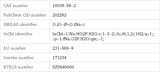 CAS number | 10039-56-2 PubChem CID number | 202262 SMILES identifier | O.[O-]P=O.[Na+] InChI identifier | InChI=1/Na.HO2P.H2O/c;1-3-2;/h;(H, 1, 2);1H2/q+1;;/p-1/fNa.O2P.H2O/qm;-1; EU number | 231-669-9 Gmelin number | 171234 RTECS number | SZ5640000