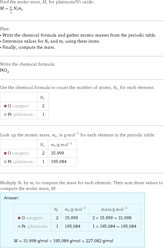 Find the molar mass, M, for platinum(IV) oxide: M = sum _iN_im_i Plan: • Write the chemical formula and gather atomic masses from the periodic table. • Determine values for N_i and m_i using these items. • Finally, compute the mass. Write the chemical formula: PtO_2 Use the chemical formula to count the number of atoms, N_i, for each element:  | N_i  O (oxygen) | 2  Pt (platinum) | 1 Look up the atomic mass, m_i, in g·mol^(-1) for each element in the periodic table:  | N_i | m_i/g·mol^(-1)  O (oxygen) | 2 | 15.999  Pt (platinum) | 1 | 195.084 Multiply N_i by m_i to compute the mass for each element. Then sum those values to compute the molar mass, M: Answer: |   | | N_i | m_i/g·mol^(-1) | mass/g·mol^(-1)  O (oxygen) | 2 | 15.999 | 2 × 15.999 = 31.998  Pt (platinum) | 1 | 195.084 | 1 × 195.084 = 195.084  M = 31.998 g/mol + 195.084 g/mol = 227.082 g/mol