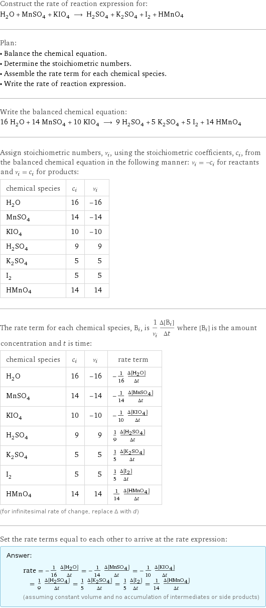 Construct the rate of reaction expression for: H_2O + MnSO_4 + KIO_4 ⟶ H_2SO_4 + K_2SO_4 + I_2 + HMnO4 Plan: • Balance the chemical equation. • Determine the stoichiometric numbers. • Assemble the rate term for each chemical species. • Write the rate of reaction expression. Write the balanced chemical equation: 16 H_2O + 14 MnSO_4 + 10 KIO_4 ⟶ 9 H_2SO_4 + 5 K_2SO_4 + 5 I_2 + 14 HMnO4 Assign stoichiometric numbers, ν_i, using the stoichiometric coefficients, c_i, from the balanced chemical equation in the following manner: ν_i = -c_i for reactants and ν_i = c_i for products: chemical species | c_i | ν_i H_2O | 16 | -16 MnSO_4 | 14 | -14 KIO_4 | 10 | -10 H_2SO_4 | 9 | 9 K_2SO_4 | 5 | 5 I_2 | 5 | 5 HMnO4 | 14 | 14 The rate term for each chemical species, B_i, is 1/ν_i(Δ[B_i])/(Δt) where [B_i] is the amount concentration and t is time: chemical species | c_i | ν_i | rate term H_2O | 16 | -16 | -1/16 (Δ[H2O])/(Δt) MnSO_4 | 14 | -14 | -1/14 (Δ[MnSO4])/(Δt) KIO_4 | 10 | -10 | -1/10 (Δ[KIO4])/(Δt) H_2SO_4 | 9 | 9 | 1/9 (Δ[H2SO4])/(Δt) K_2SO_4 | 5 | 5 | 1/5 (Δ[K2SO4])/(Δt) I_2 | 5 | 5 | 1/5 (Δ[I2])/(Δt) HMnO4 | 14 | 14 | 1/14 (Δ[HMnO4])/(Δt) (for infinitesimal rate of change, replace Δ with d) Set the rate terms equal to each other to arrive at the rate expression: Answer: |   | rate = -1/16 (Δ[H2O])/(Δt) = -1/14 (Δ[MnSO4])/(Δt) = -1/10 (Δ[KIO4])/(Δt) = 1/9 (Δ[H2SO4])/(Δt) = 1/5 (Δ[K2SO4])/(Δt) = 1/5 (Δ[I2])/(Δt) = 1/14 (Δ[HMnO4])/(Δt) (assuming constant volume and no accumulation of intermediates or side products)
