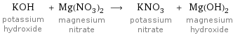 KOH potassium hydroxide + Mg(NO_3)_2 magnesium nitrate ⟶ KNO_3 potassium nitrate + Mg(OH)_2 magnesium hydroxide